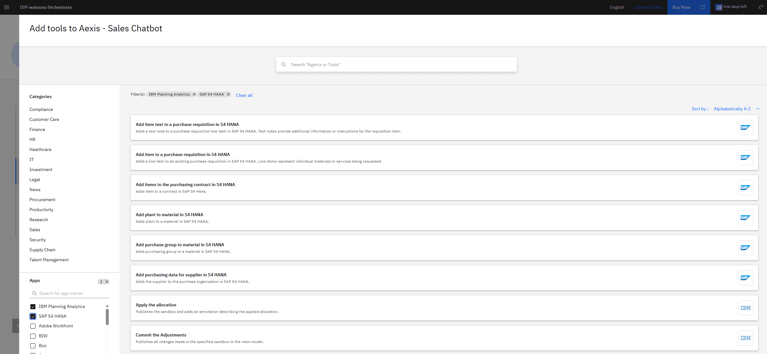 IBM watsonx Orchestrate interface for managing AI agents with AEXIS